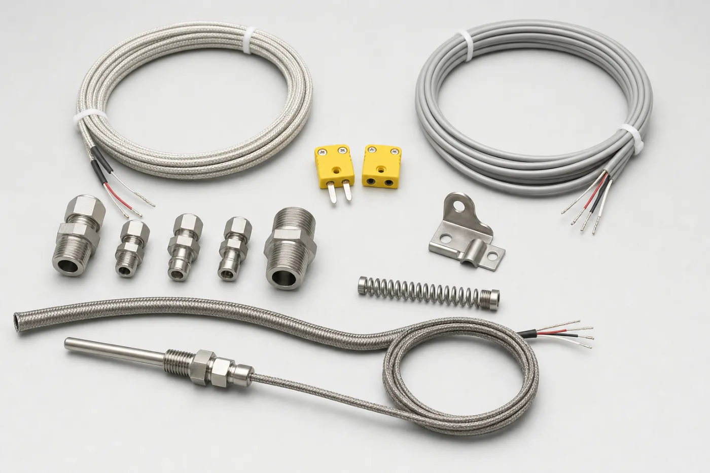 Coordinated custom temperature sensor kit with wire, connectors, fittings, mounting bracket, protection braid, and probe assembly