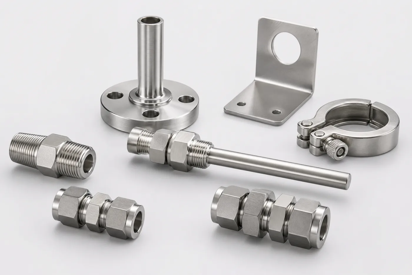 Stainless flanges, compression fittings, brackets, clamps, and thermowell interface hardware