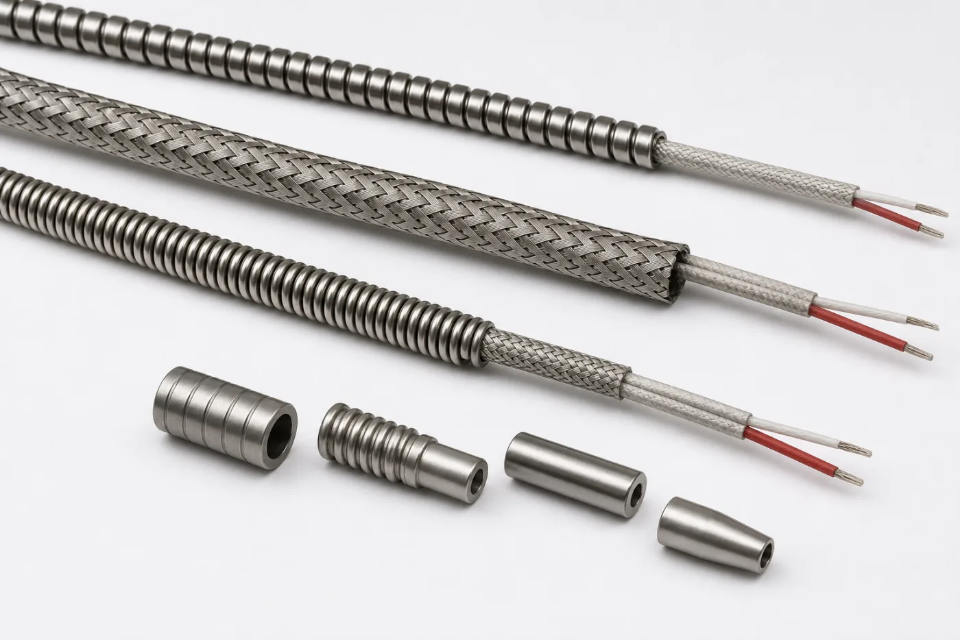 Flexible stainless armor, stainless overbraid, and lead protection hardware