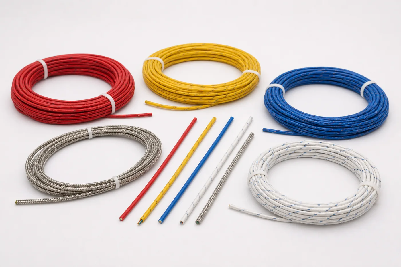 Coils of thermocouple extension wire, RTD lead cable, and stainless braided cable