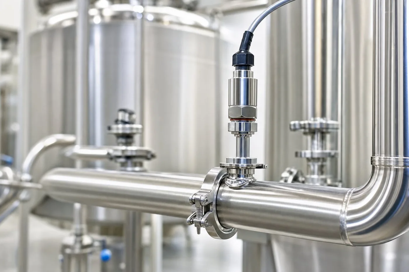 Sanitary RTD probe with tri-clamp fitting on polished food and beverage process piping