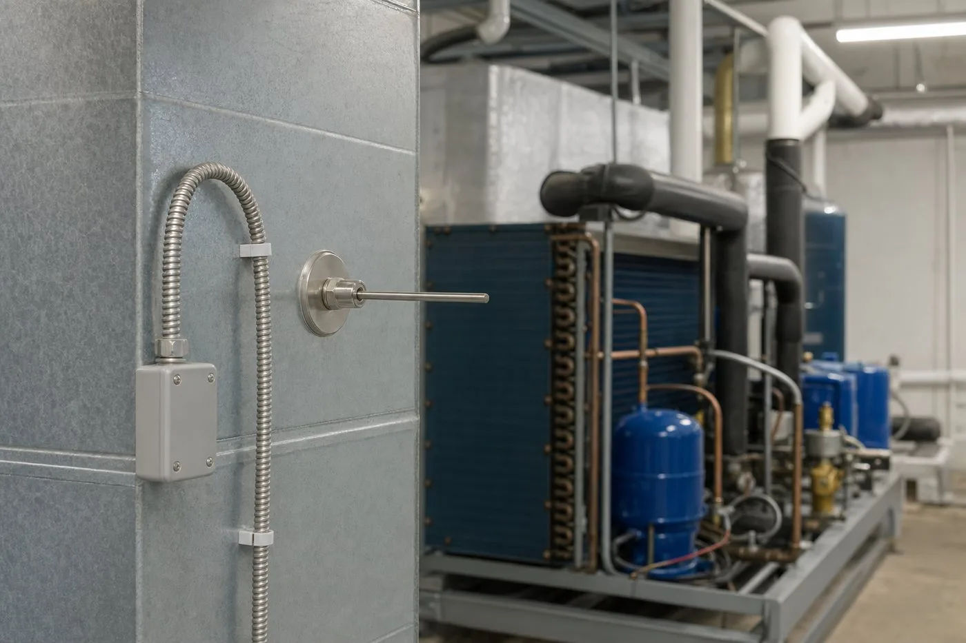 HVAC duct temperature probe and wiring installed in a commercial mechanical room