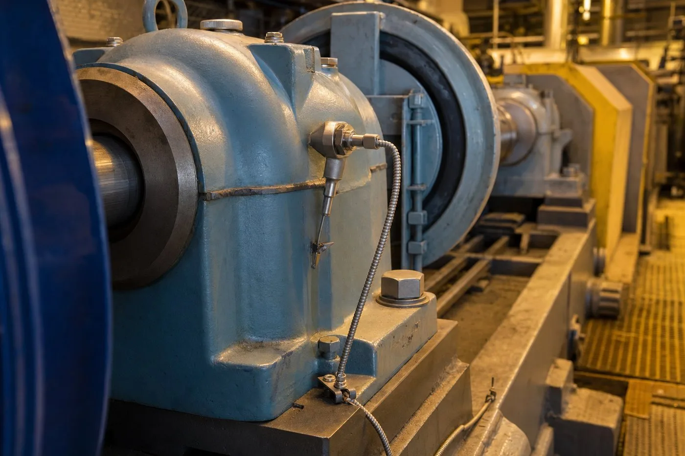 Bearing temperature sensor installed on industrial rotating machinery