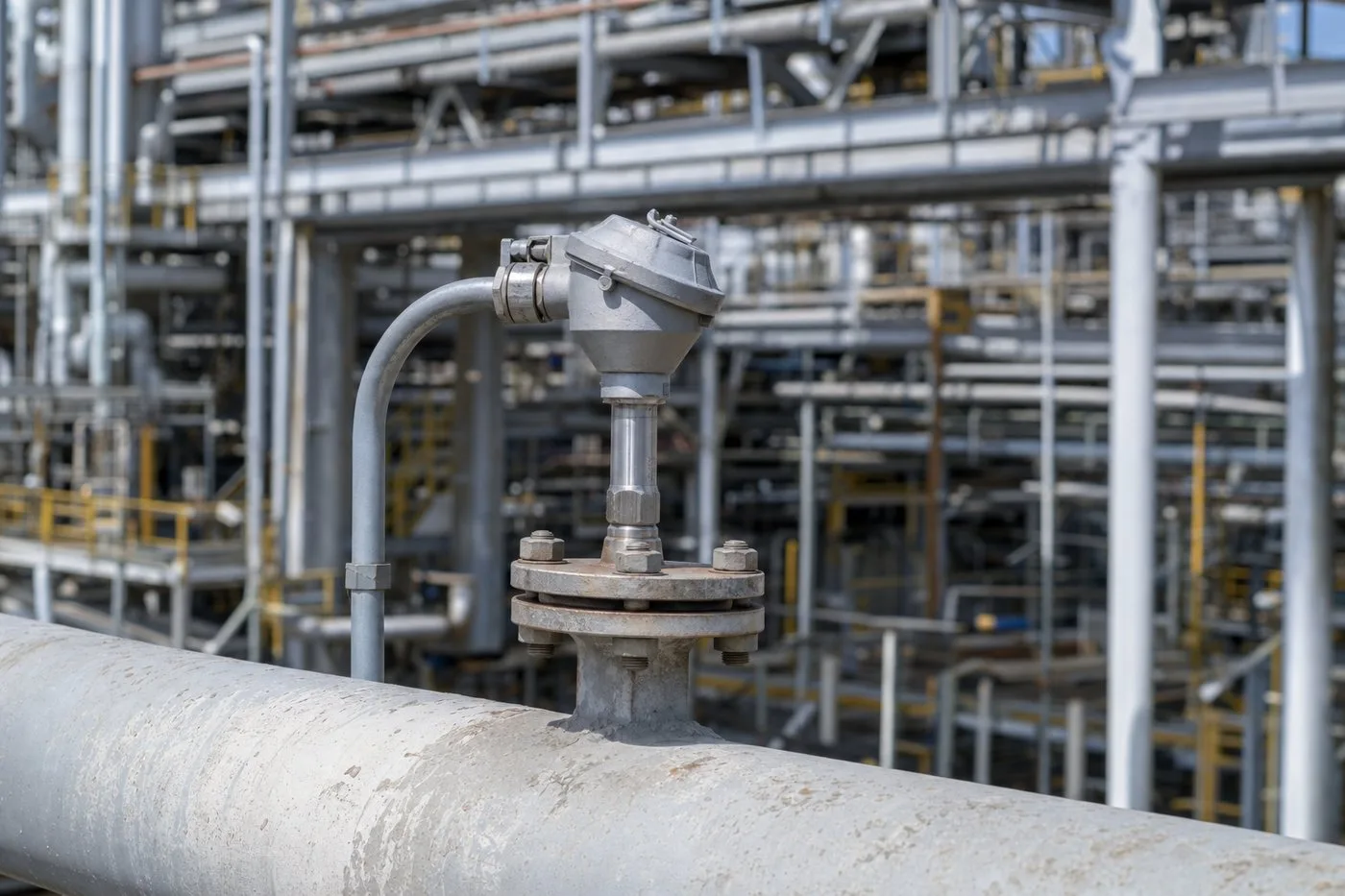 Process thermocouple and thermowell assembly installed on refinery piping