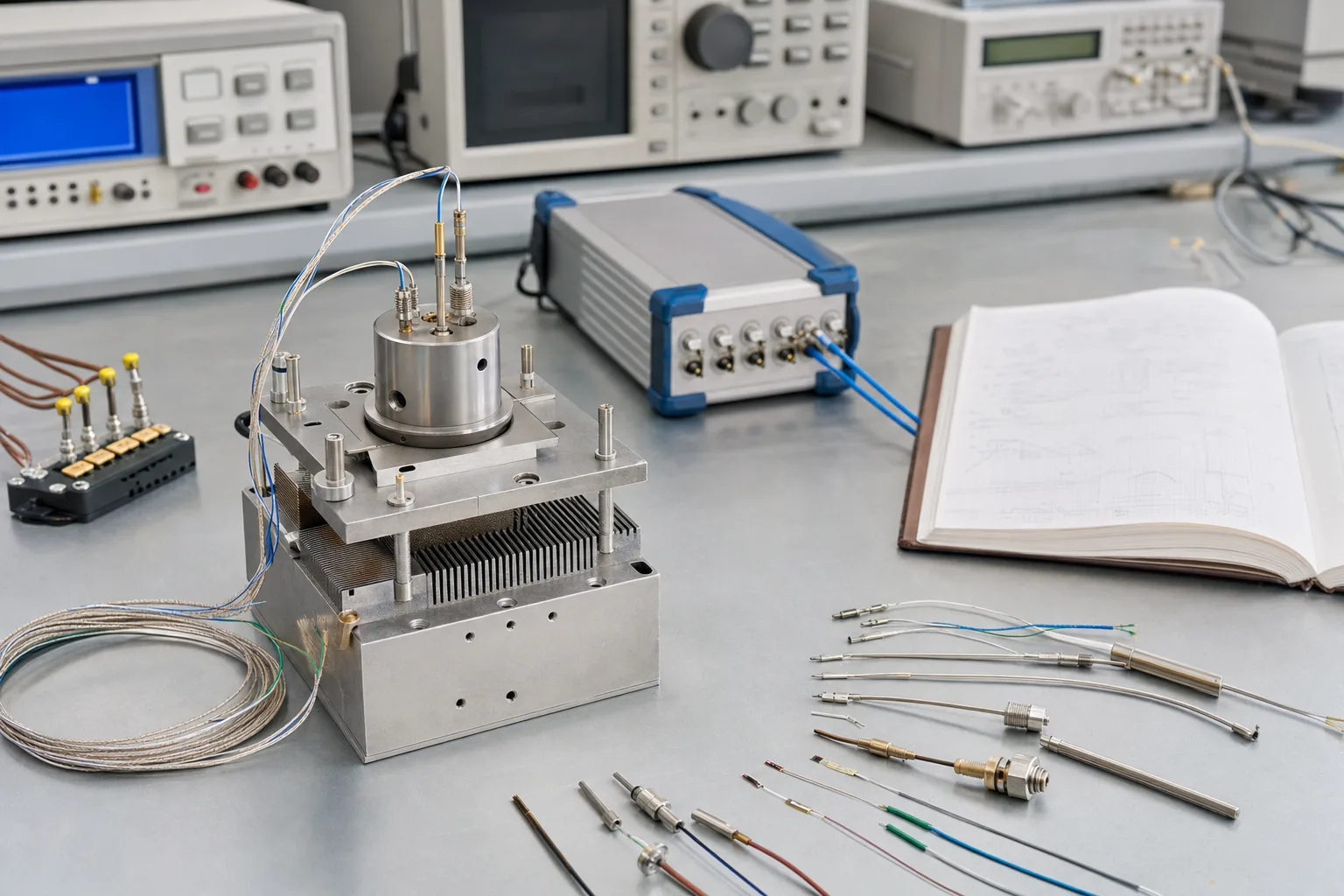 Custom thermocouples and RTDs integrated with a research lab thermal test fixture