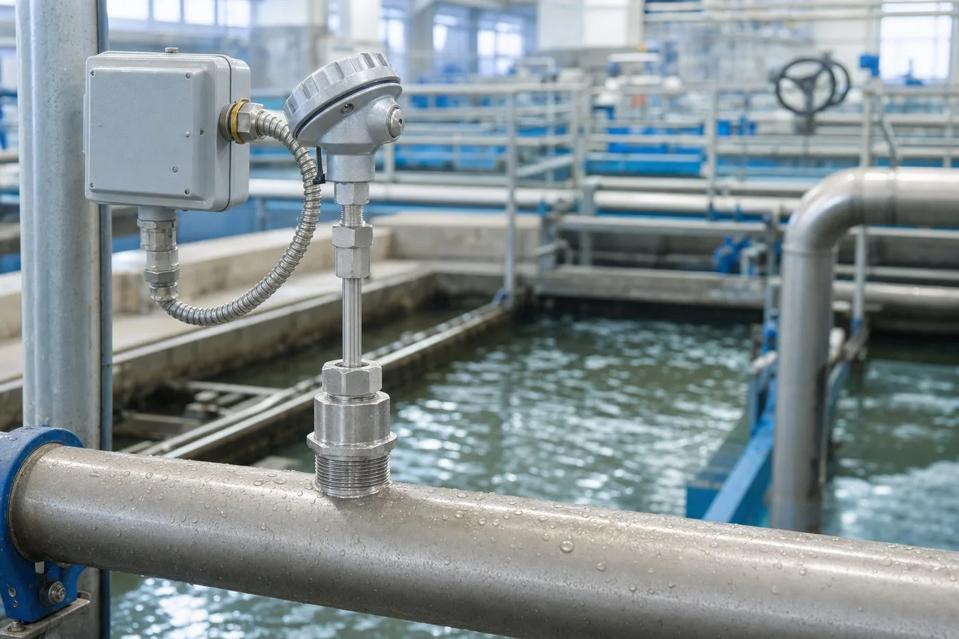 RTD probe and thermowell instrumentation installed on water treatment process piping