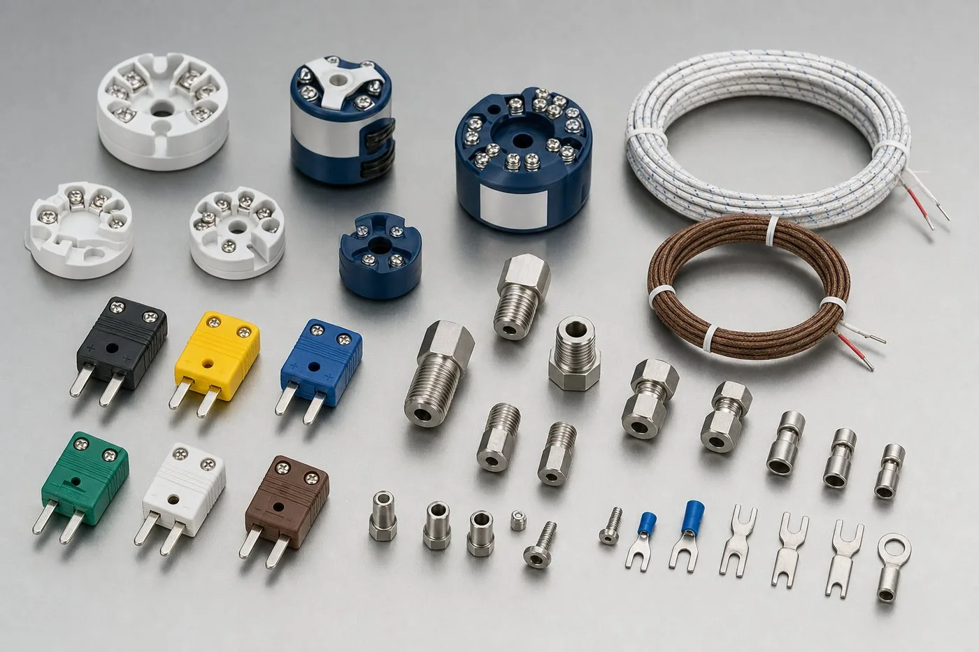 Temperature sensor accessories including head-mount transmitters, miniature connectors, compression fittings, and lead wire