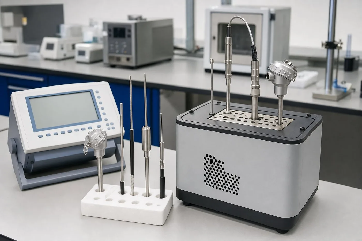 Thermocouple and RTD probes being calibrated with reference equipment in a clean metrology lab