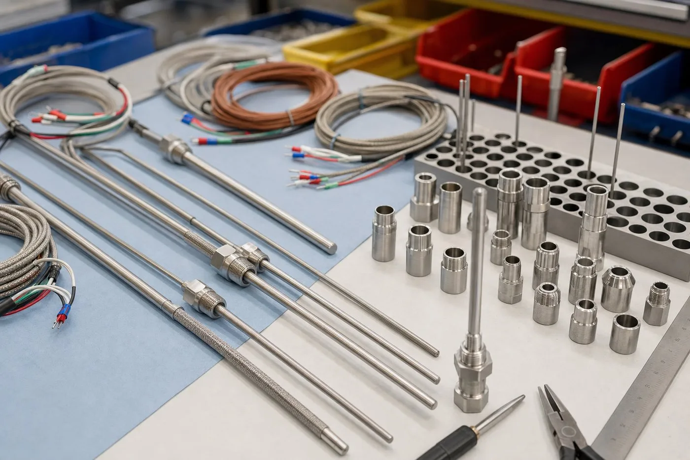 Custom temperature sensor assemblies, machined fittings, thermowells, and lead wires on a clean production bench