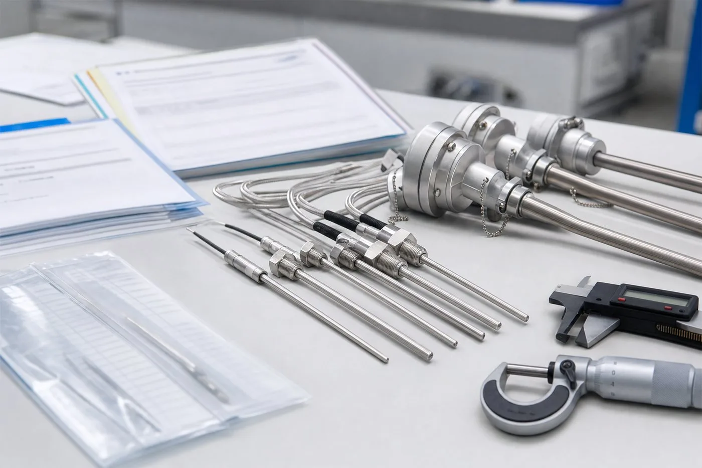 Finished temperature probes with inspection tools and traceability documentation on a quality bench