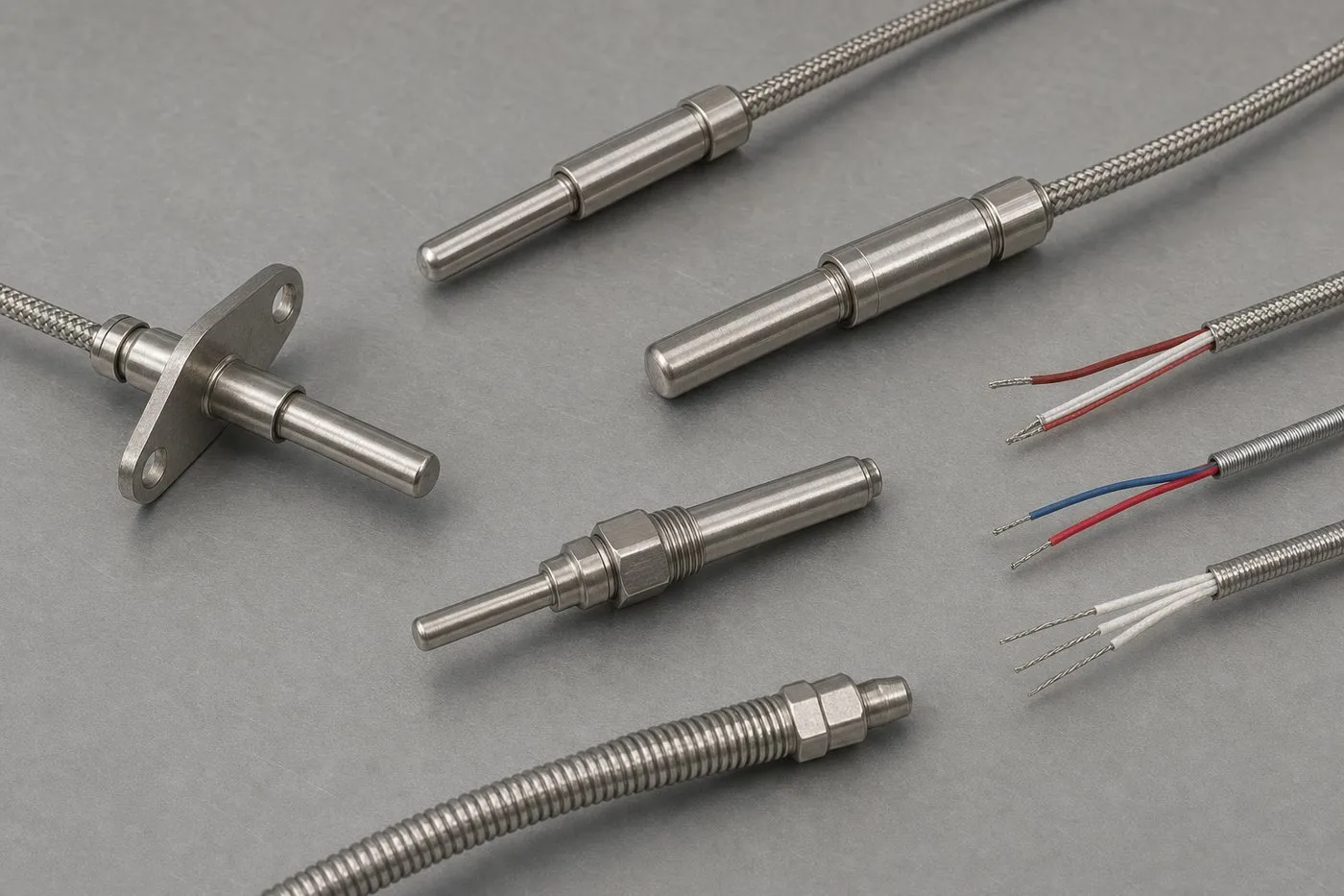 Bearing sensor product family with flanged cases, straight probes, armored leads, and wire exits