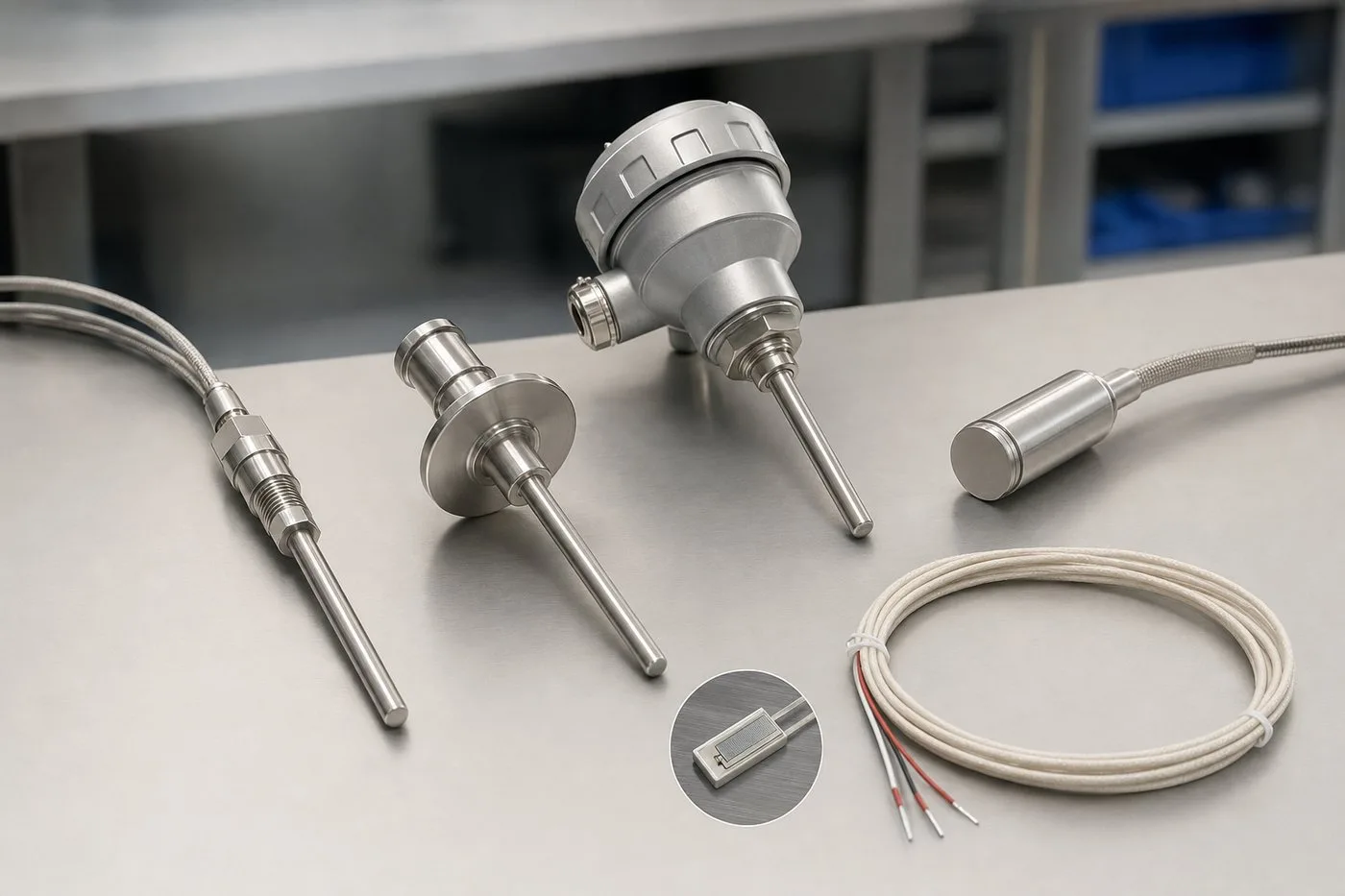 RTD product family with process probes, surface sensors, lead-wire elements, and connection-head assemblies