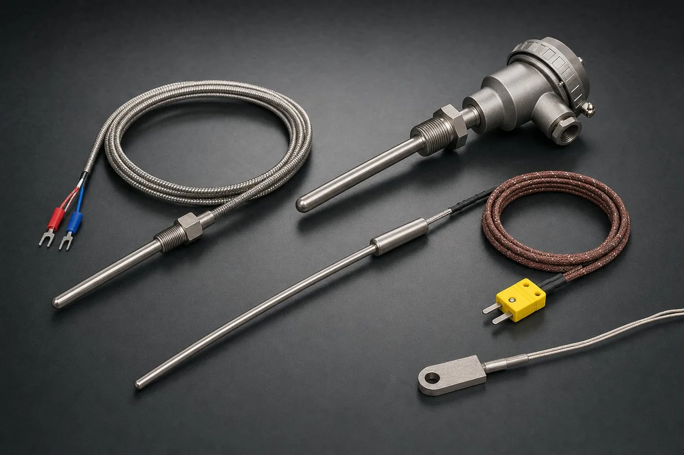 Thermocouple product family with mineral-insulated probes, armored leads, plug assemblies, and surface sensors