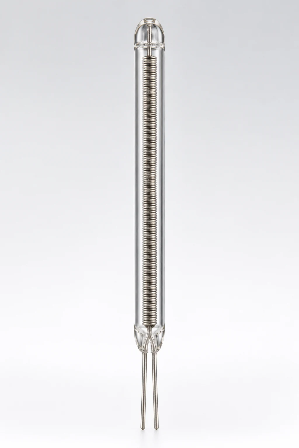 Glass-encapsulated wire-wound RTD element with visible resistance coil and two leads