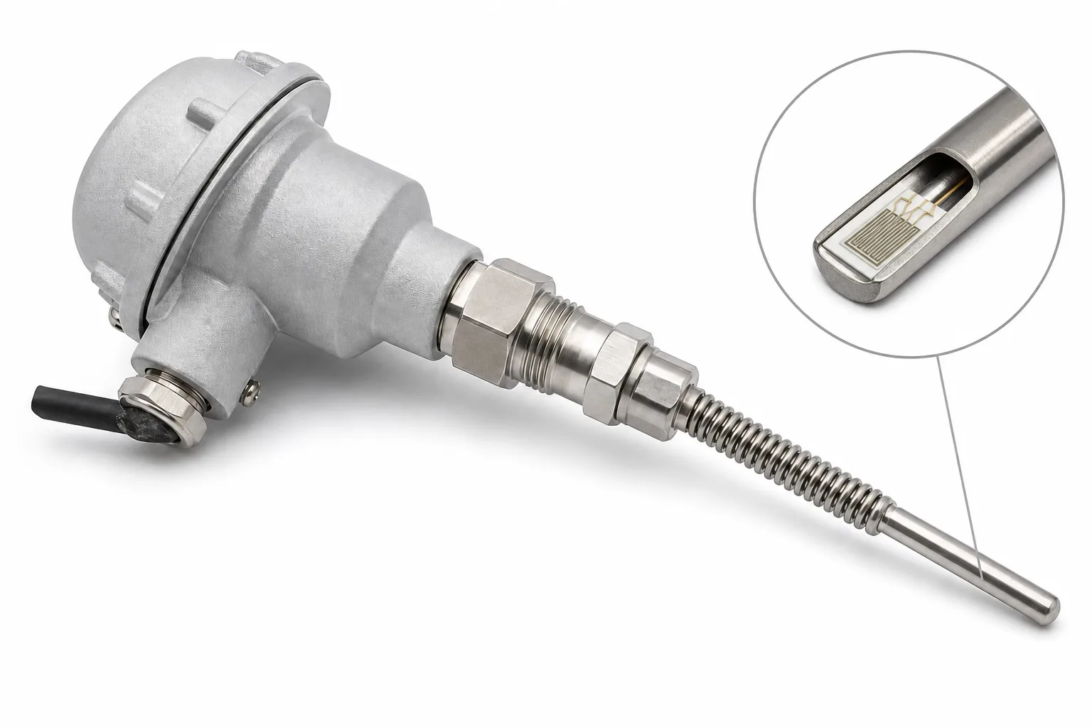 Industrial head RTD temperature sensor assembly with connection head, threaded process fitting, sealed probe sheath, and thin-film RTD detail inset