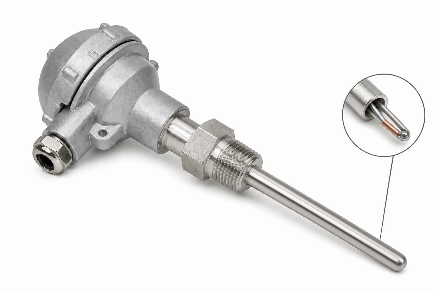 Industrial head thermocouple temperature sensor assembly with connection head, threaded process fitting, sealed probe sheath, and thermocouple hot-junction detail inset
