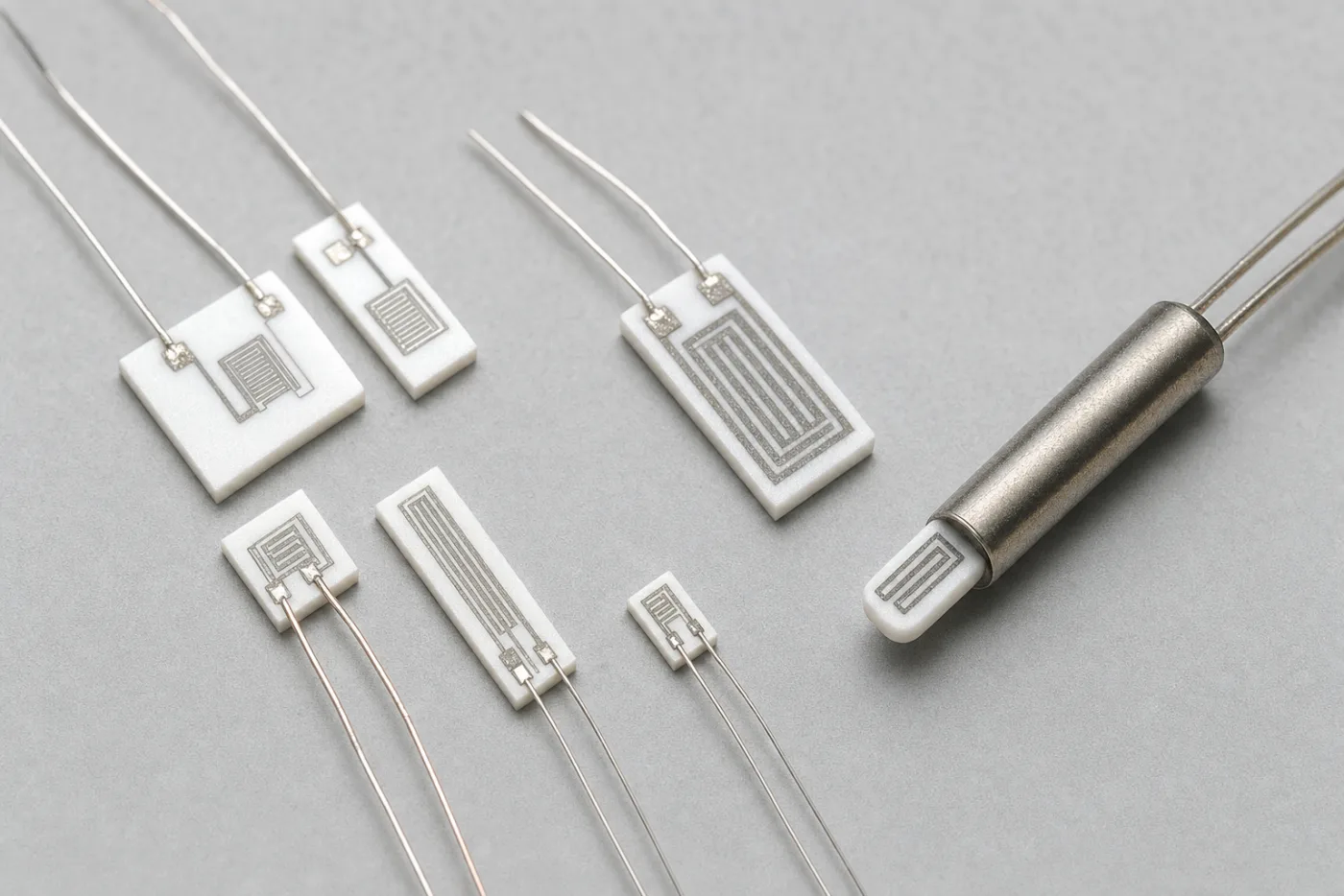 Thin-film RTD sensing elements with flat ceramic substrates and fine lead wires