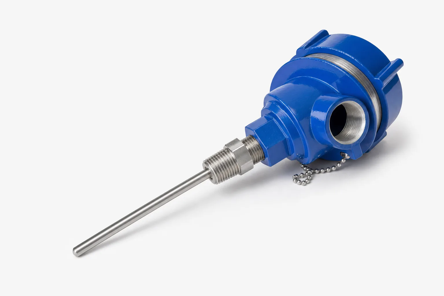 Blue explosion-proof industrial head temperature sensor assembly with threaded fitting and stainless probe for hazardous-area installations
