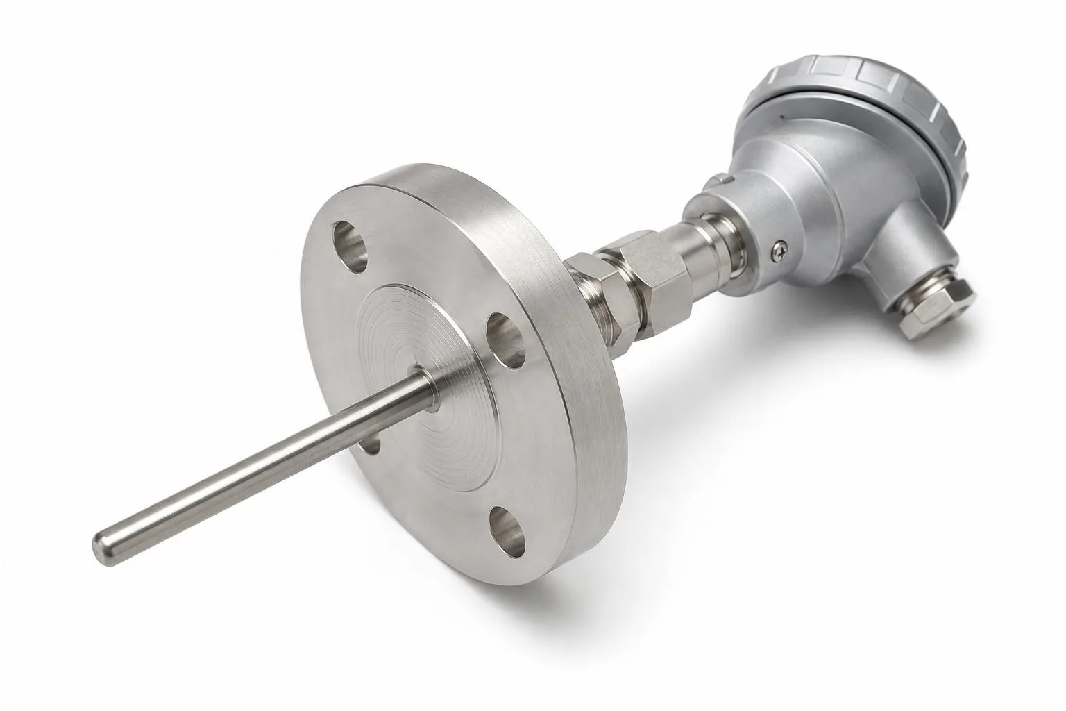 Flanged temperature sensor assembly with stainless process flange, probe sheath, and connection head