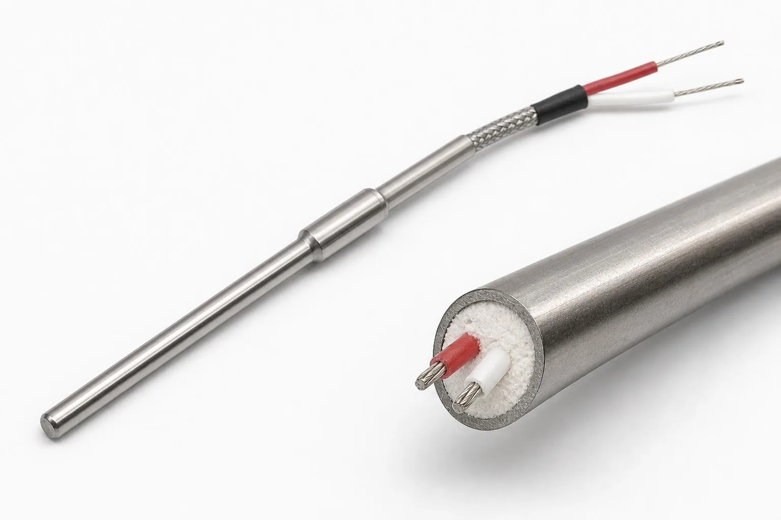 Mineral-insulated metal-sheathed thermocouple probe with realistic cutaway showing sheath, MgO insulation, and conductors