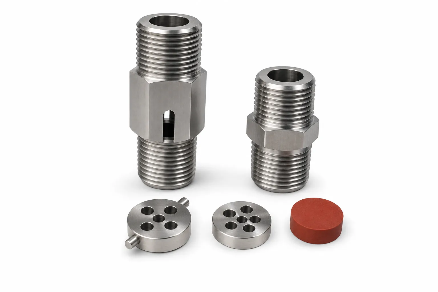 Oil seal fitting components with stainless threaded bodies, retainer discs, and red elastomer seal for oil and gas temperature sensor installations