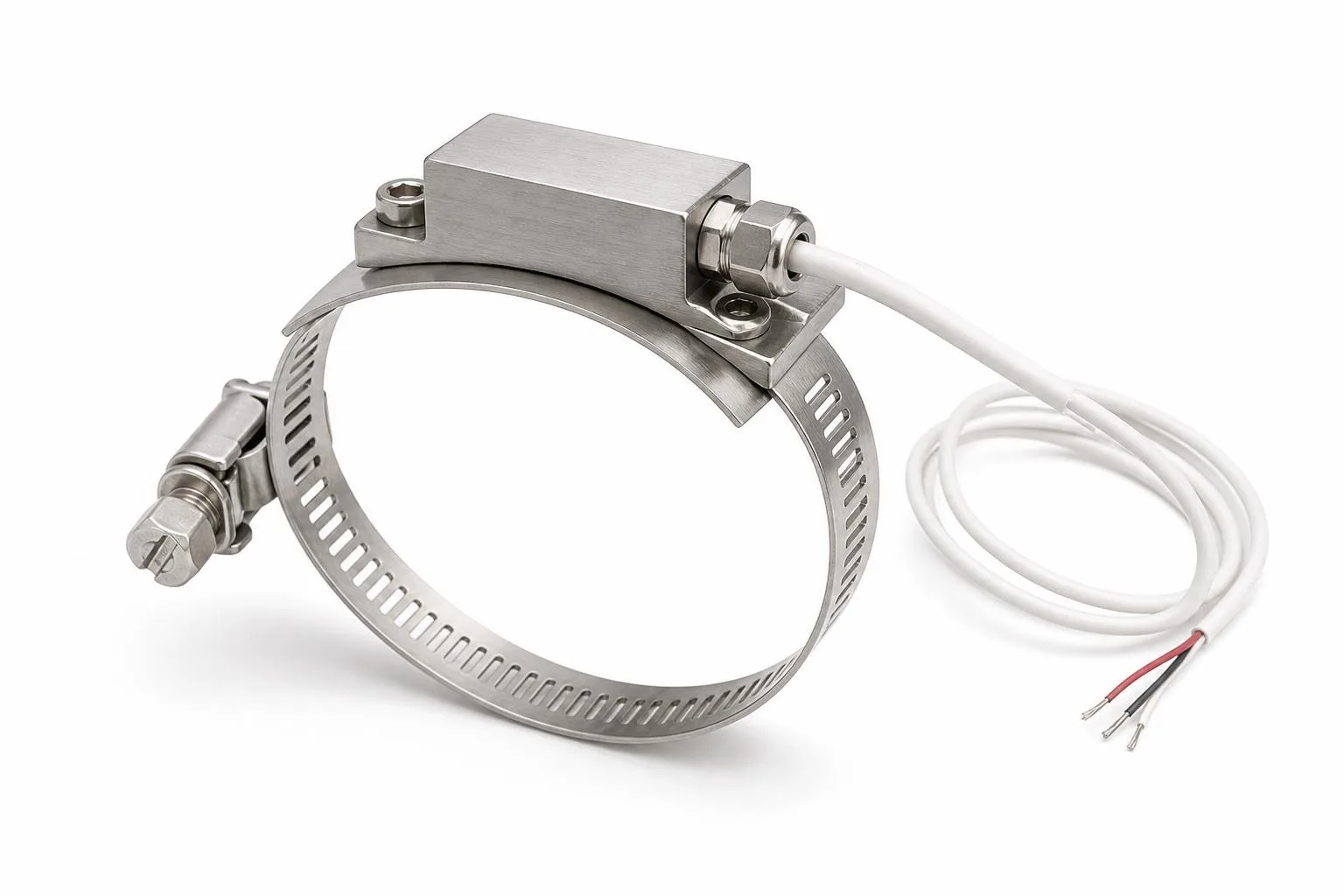 Clamp-on RTD pipe sensor with stainless saddle, band clamp, sensor block, and lead wire