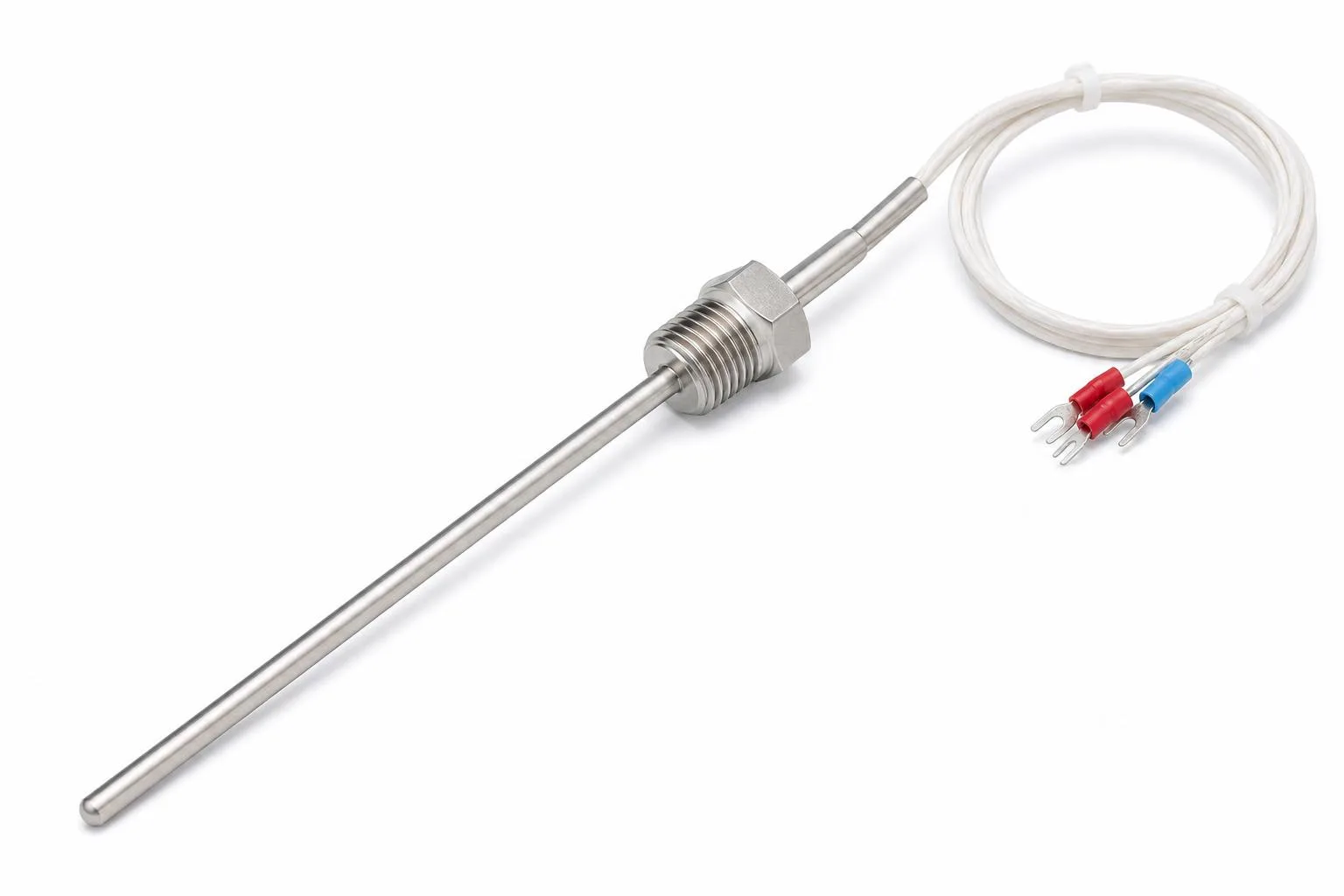 Screw-in immersion RTD probe with stainless sheath, NPT fitting, transition sleeve, and lead wires