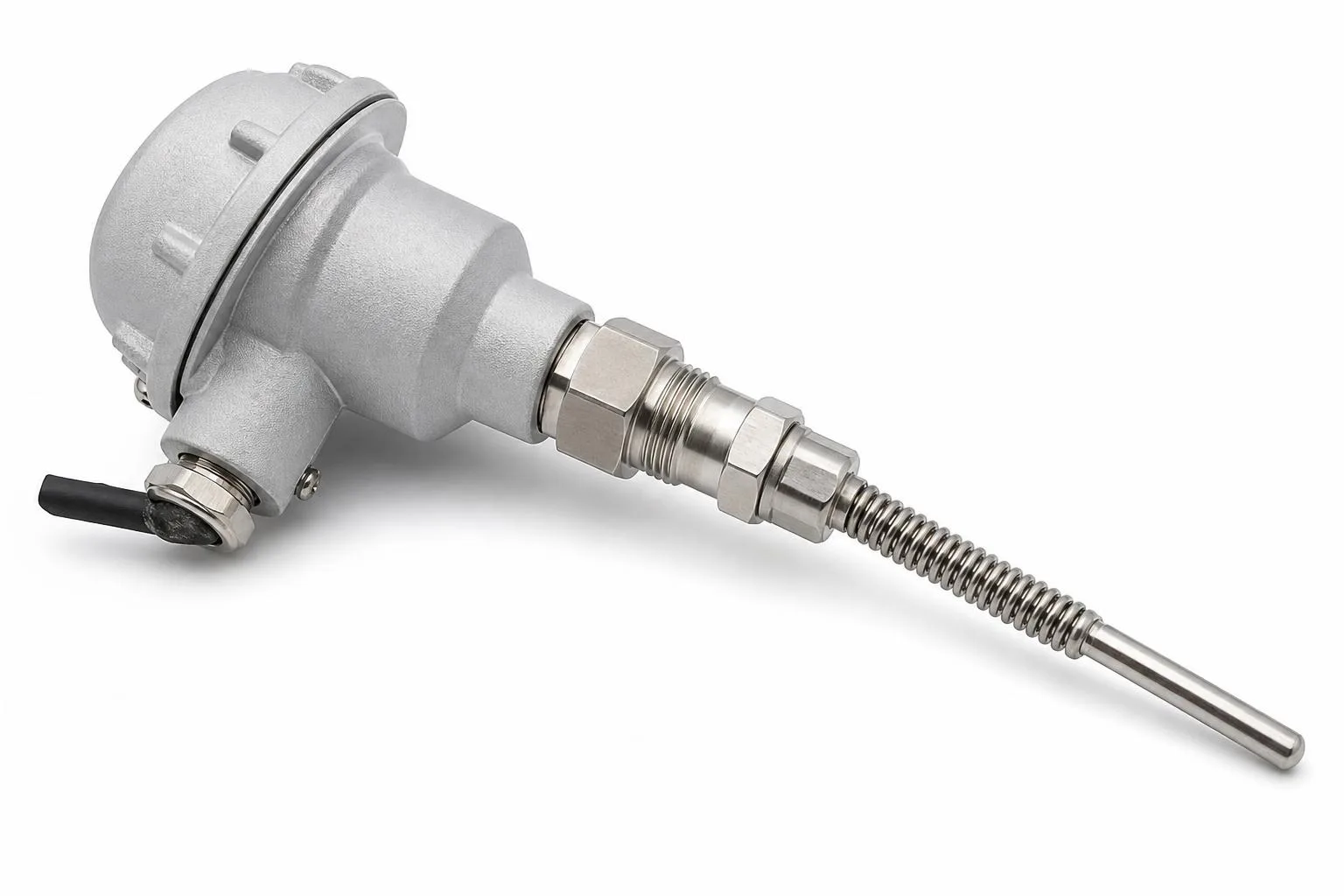 Industrial RTD assembly with connection head, spring-loaded stainless probe, and process fitting