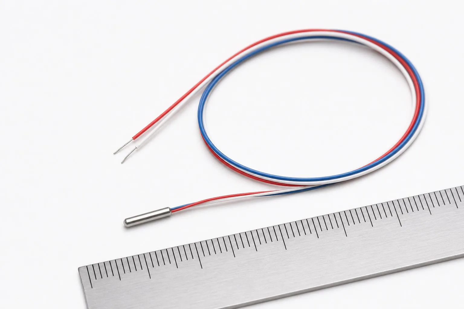 Miniature RTD probe with small stainless sensing body and fine lead wires