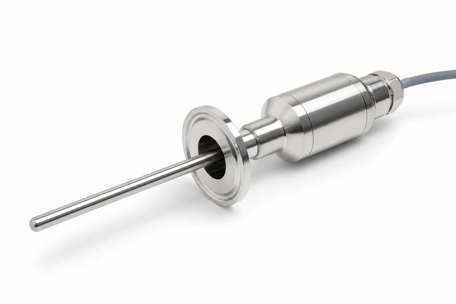 Sanitary RTD probe with polished tri-clamp fitting, stainless probe stem, and sealed lead exit