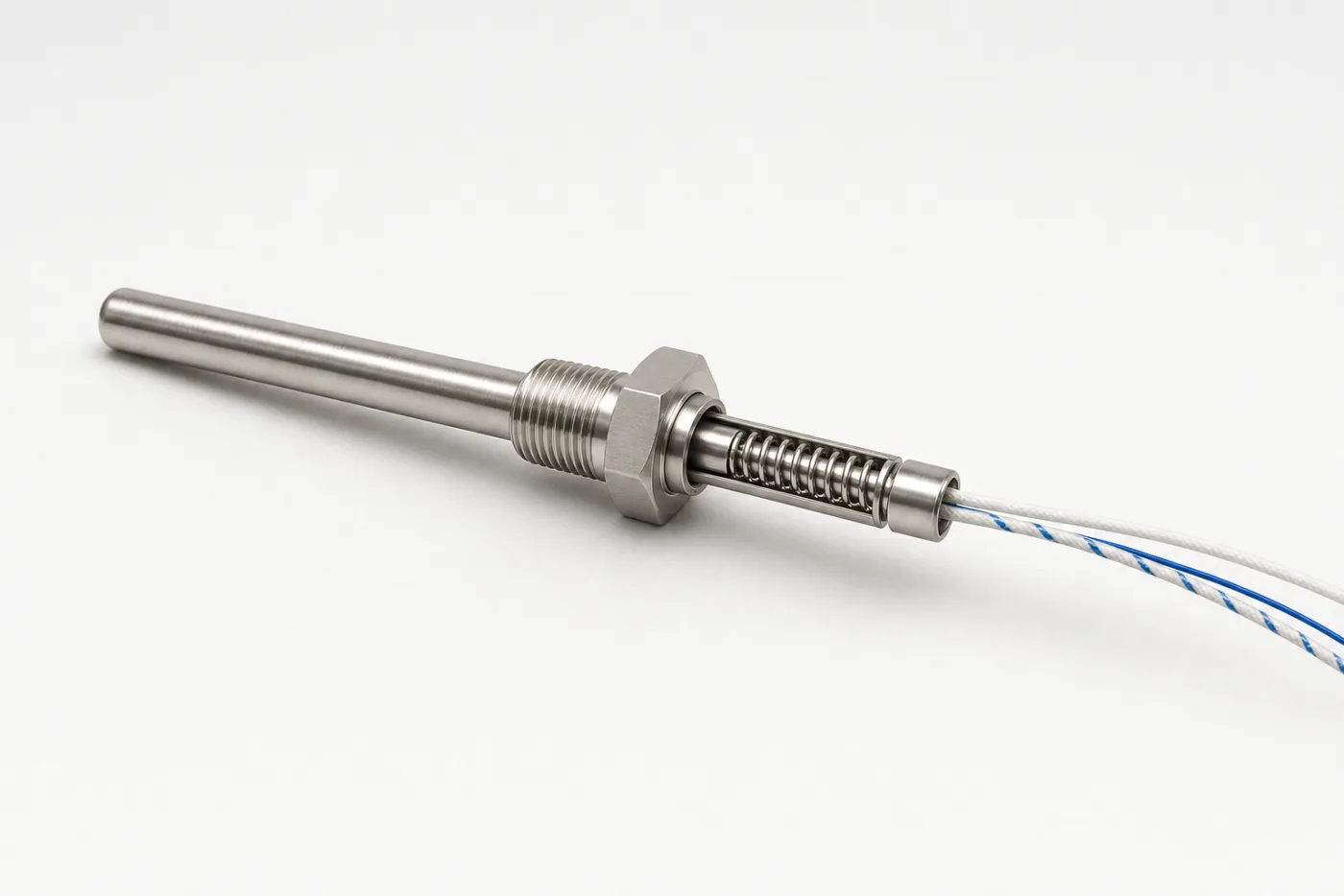 Thermowell-mounted RTD insert with stainless probe, spring-loaded fitting, and lead wires without a connection head