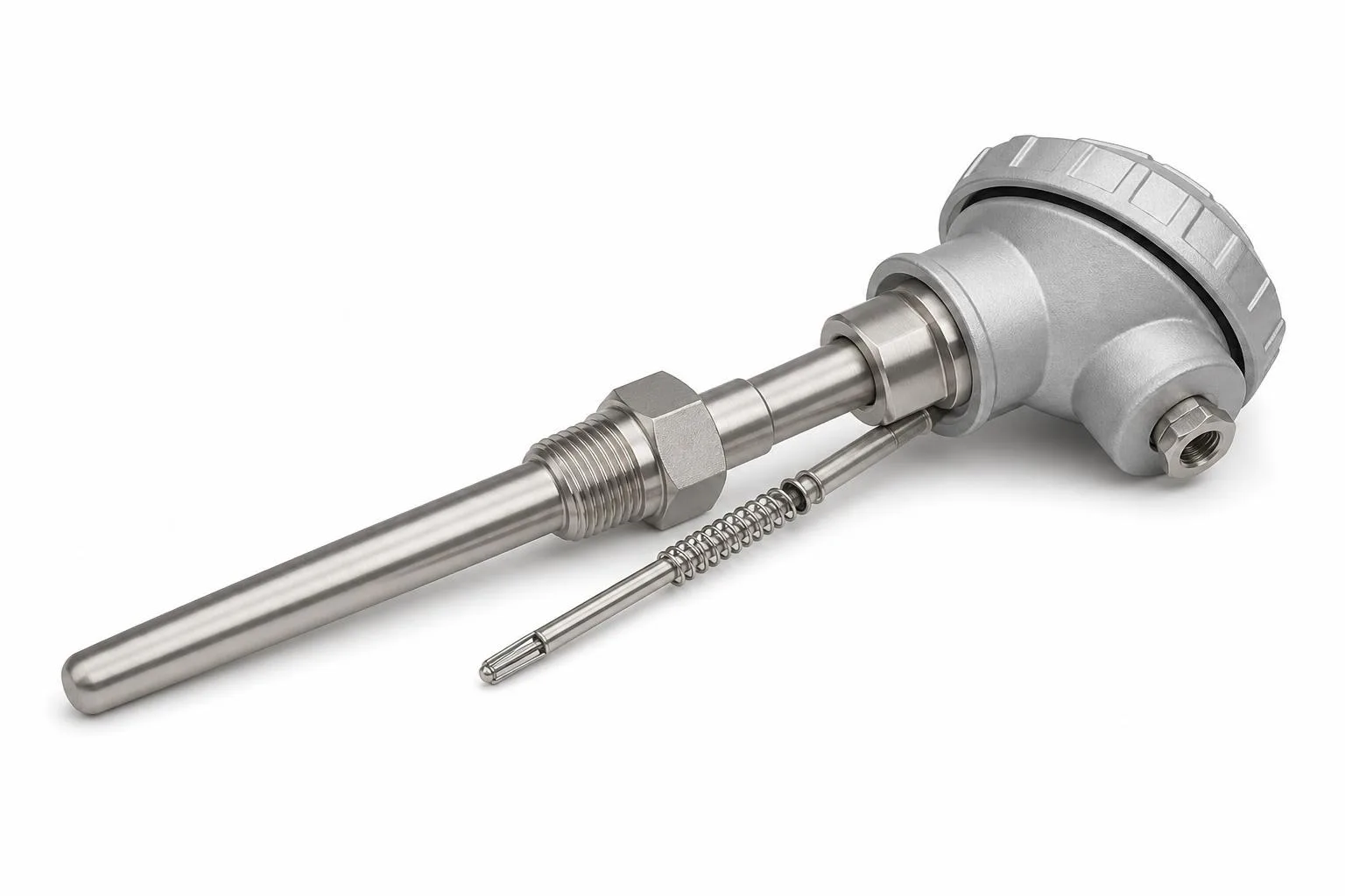 Thermowell-mounted RTD assembly with spring-loaded insert, stainless thermowell, fitting, and connection head