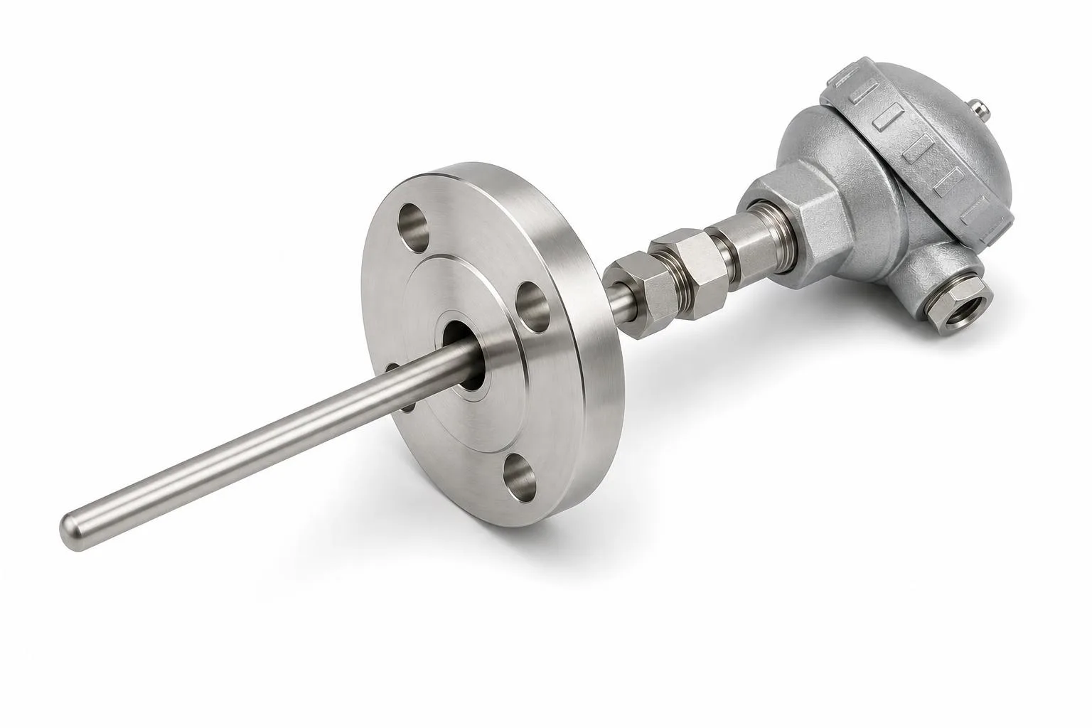 Flanged thermocouple assembly with stainless process flange, probe sheath, fitting, and connection head