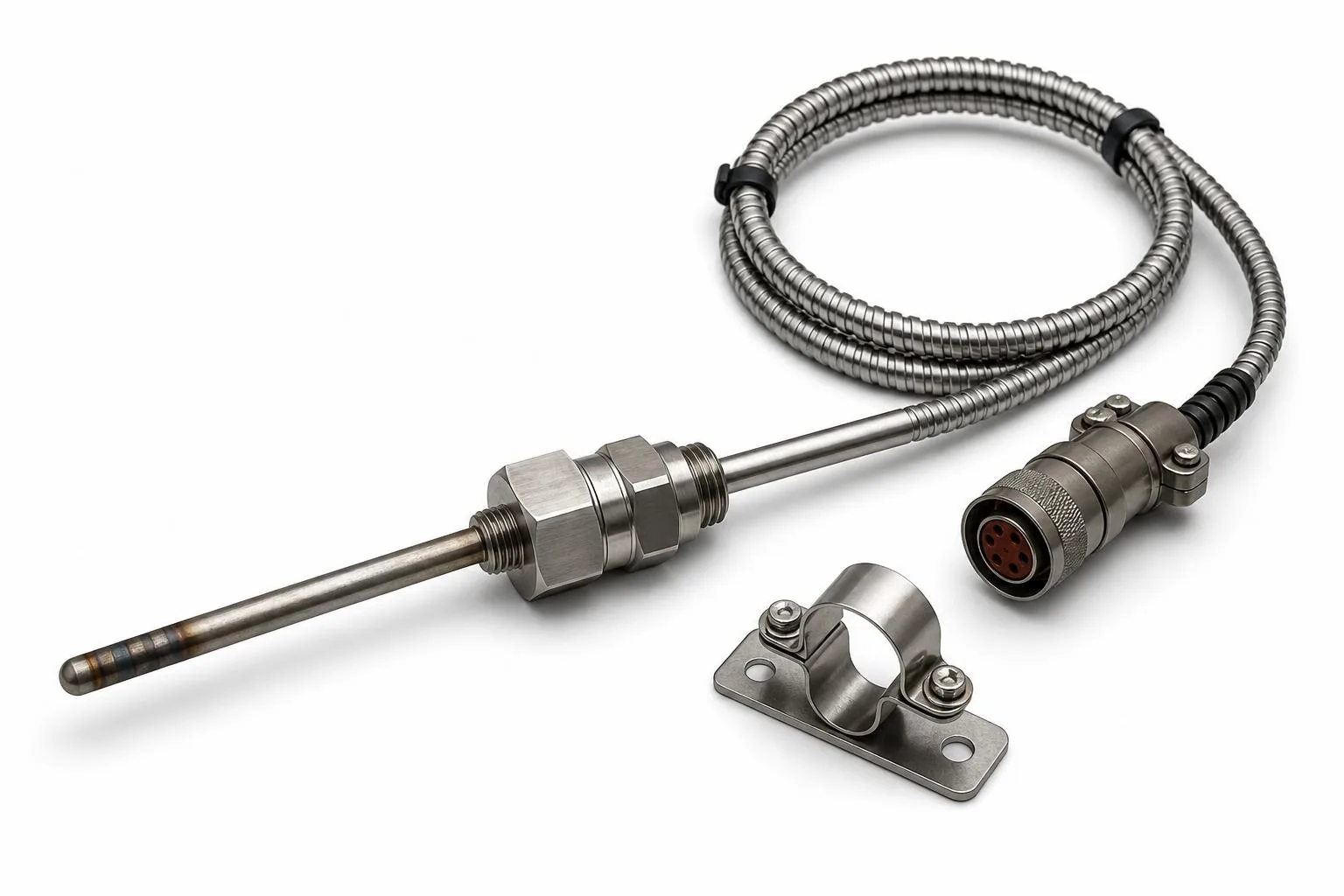 Gas turbine thermocouple probe with rugged sheath, armored lead, mounting hardware, and high-temperature connector