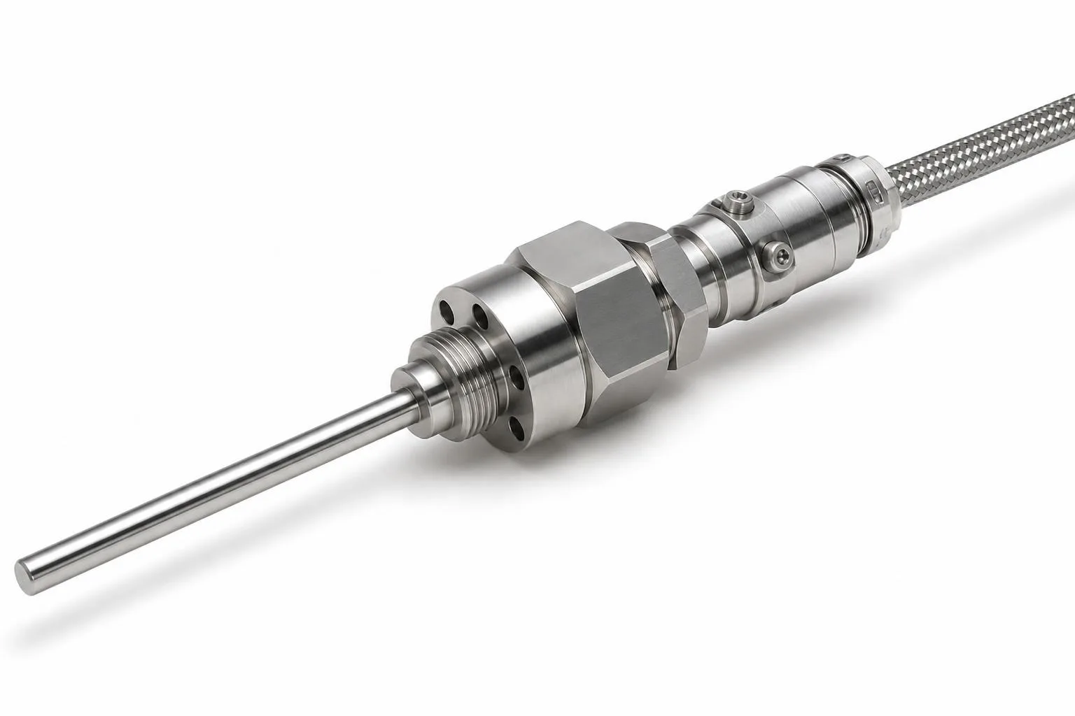 High-pressure thermocouple assembly with heavy machined pressure fitting, long probe, and armored lead exit