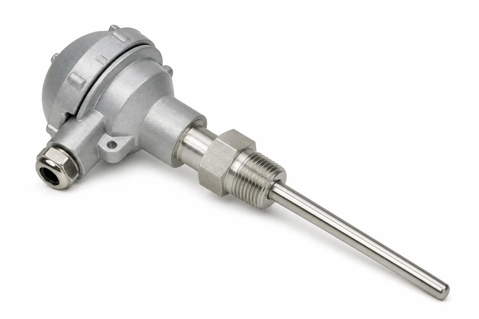 Industrial thermocouple assembly with connection head, stainless probe sheath, process fitting, and cable exit