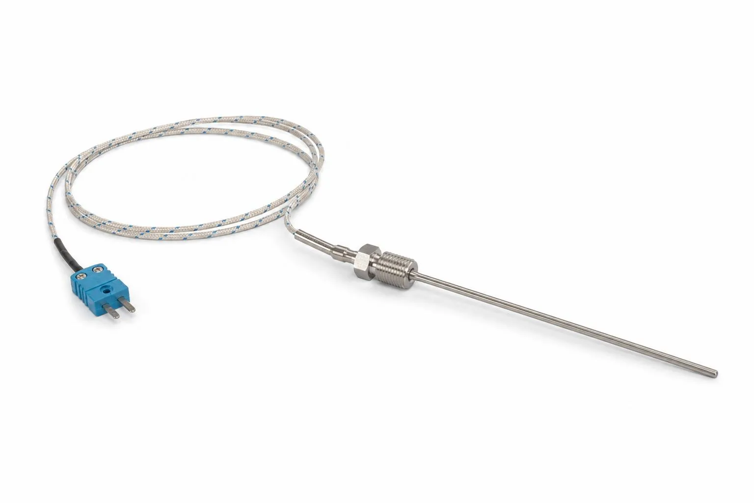 Compact mineral-insulated thermocouple immersion probe with stainless sheath, lead wire, and connector