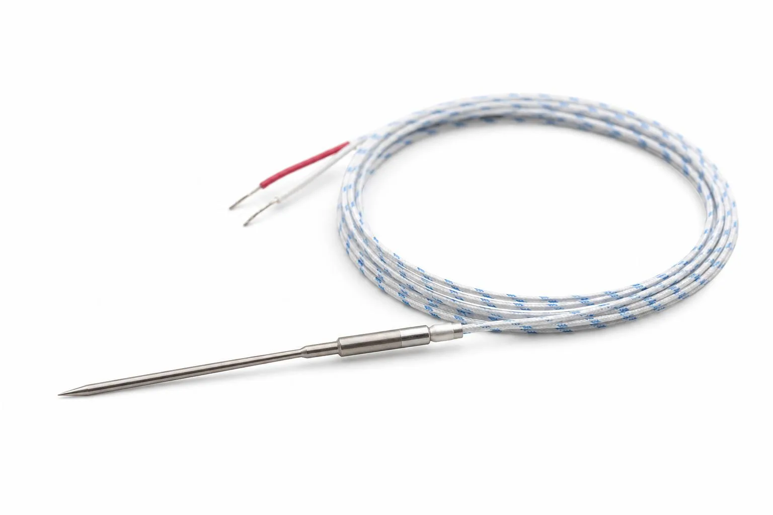 Miniature thermocouple probe with needle-style stainless tip, transition sleeve, and fine-gauge lead wire