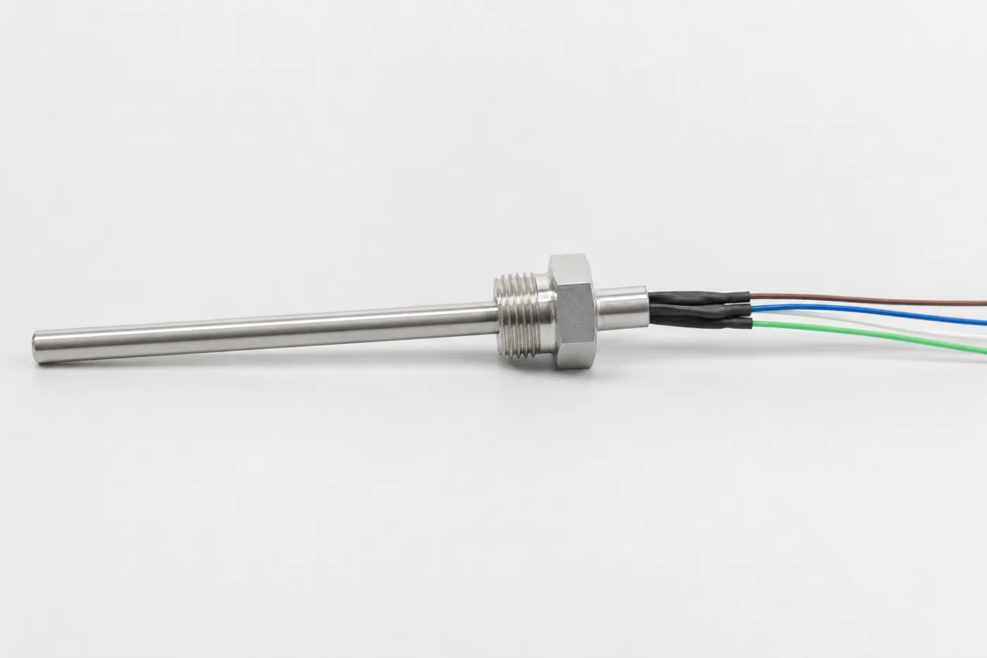 Multipoint thermocouple probe with long stainless sheath, hex fitting, and organized lead wires