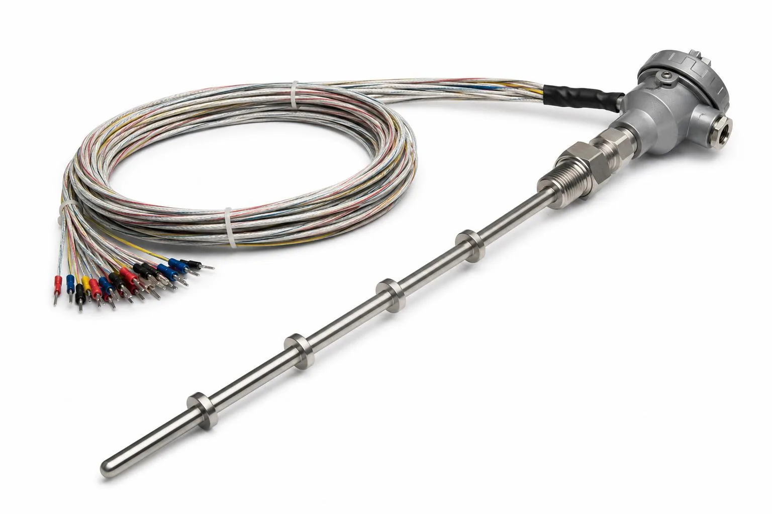 Multi-point thermocouple assembly with long sheath, multiple depth collars, junction head, and cable bundle