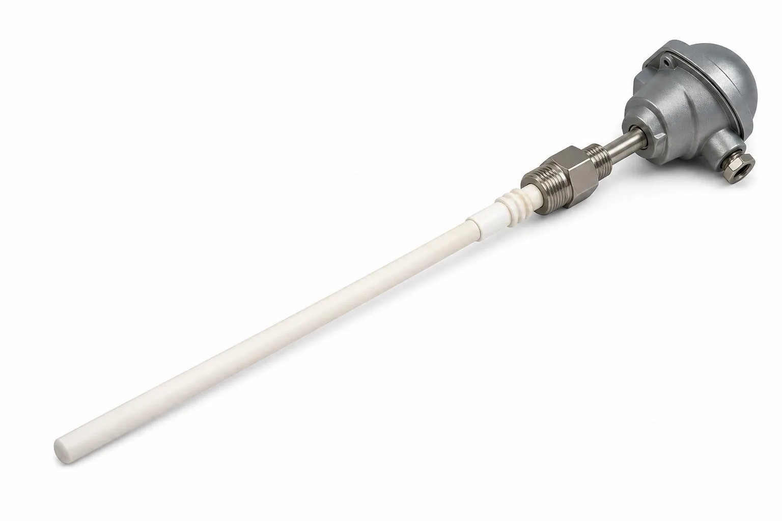 Noble-metal thermocouple assembly with ceramic protection tube, stainless fitting, and connection head