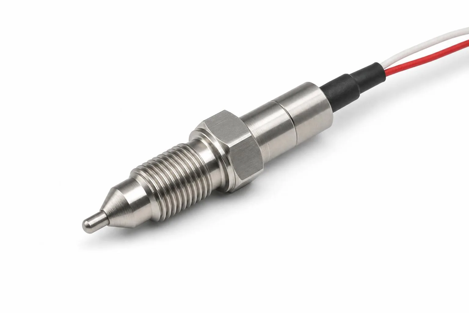 Nozzle and melt thermocouple with threaded machined body, compact sensing tip, and lead exit