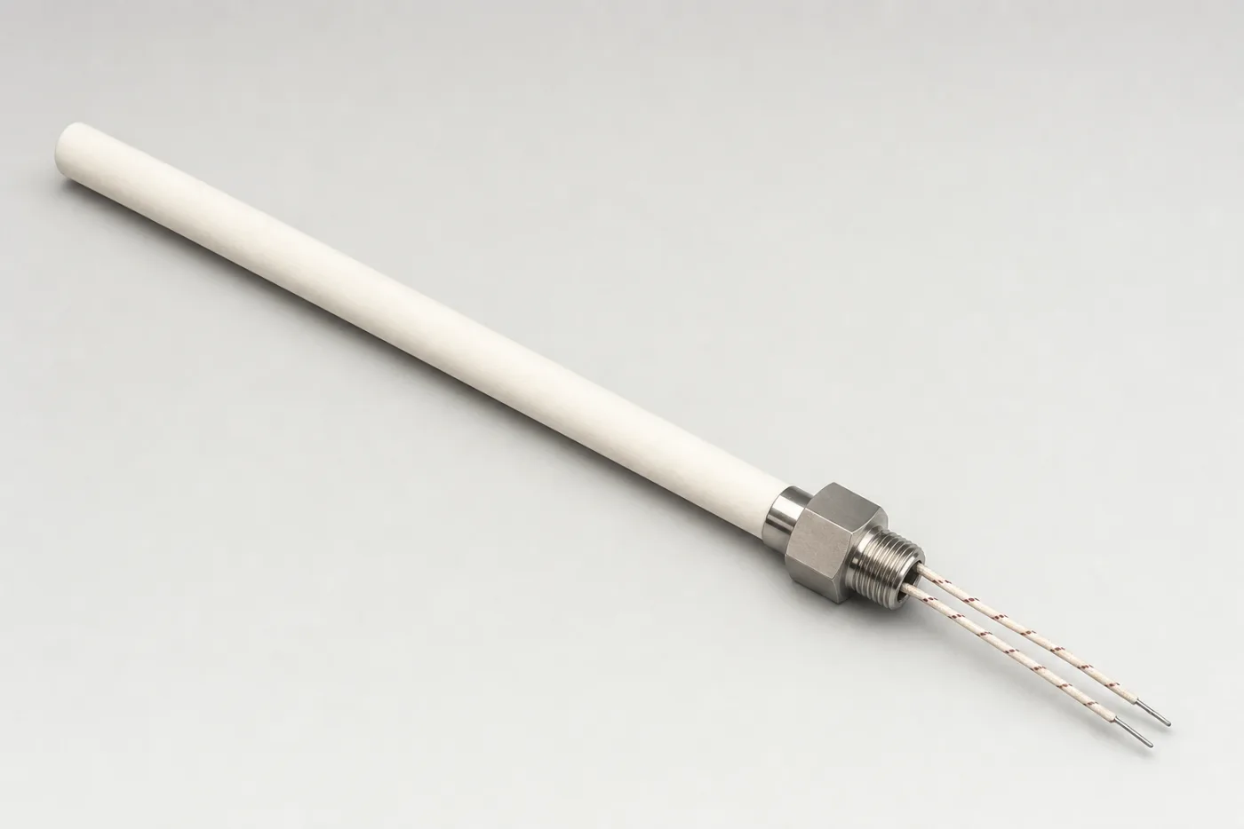 Ceramic protection tube thermocouple assembly with long tube, threaded fitting, and lead wires without a connection head