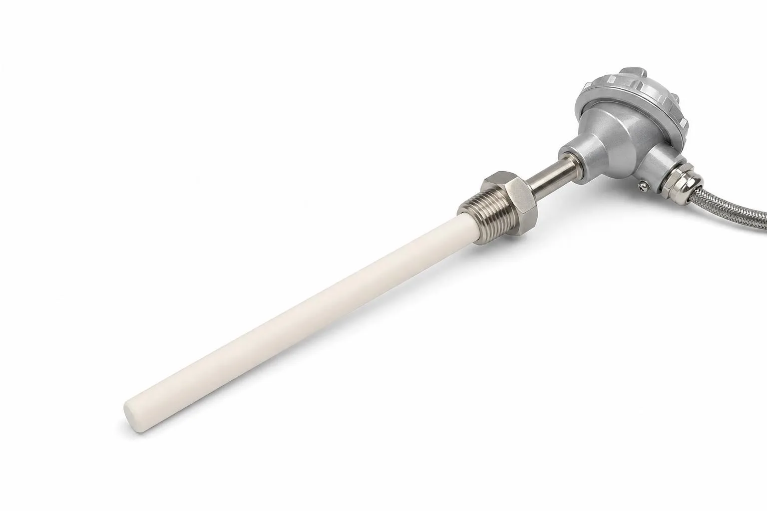 Protection tube thermocouple assembly with ceramic protection tube, mounting fitting, and connection head