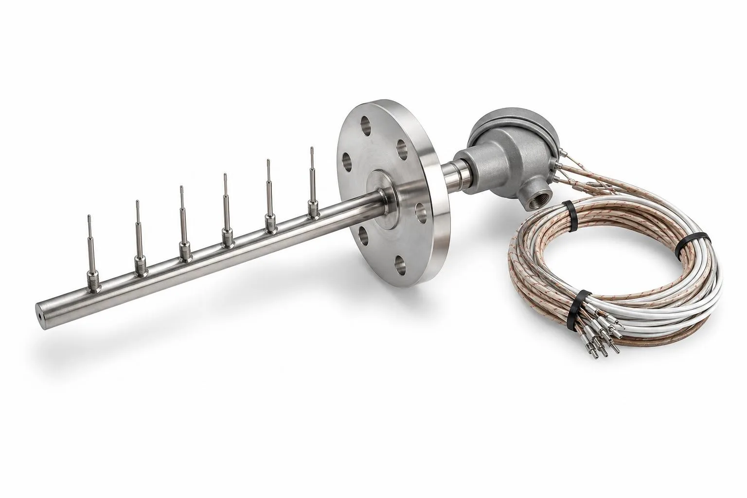 Thermocouple rake assembly with multiple sensing probes, mounting flange, connection head, and wire harness