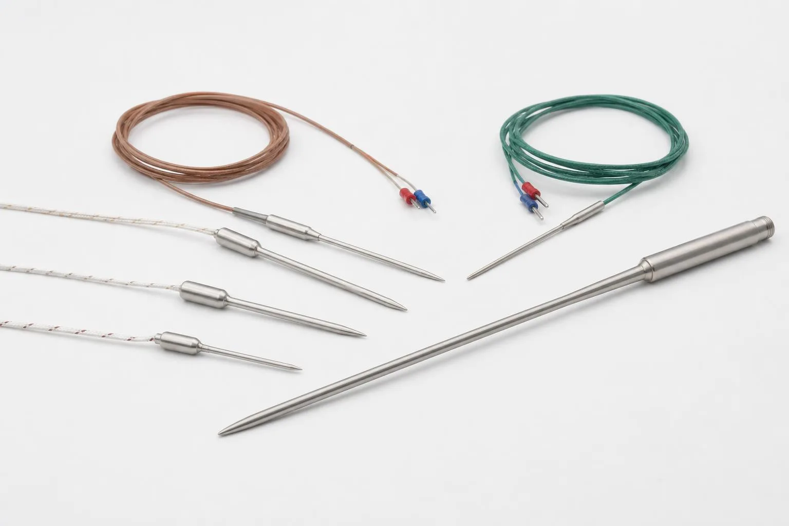 Spike and profile temperature sensors with slim stainless piercing probes, fine leads, and transition sleeves