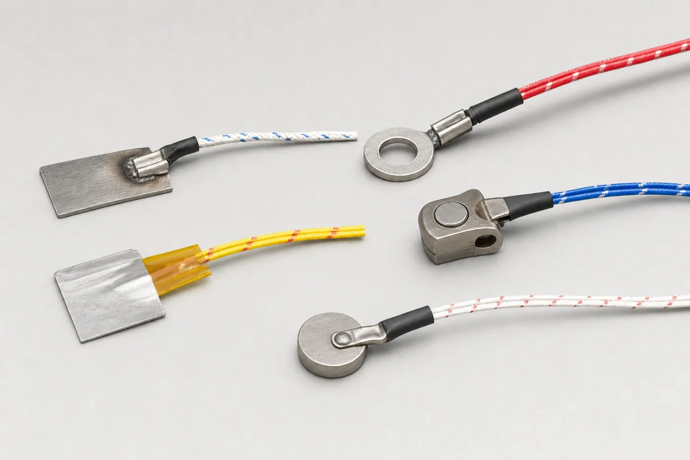 Surface-mount thermocouple sensor set with weld pad, ring lug, magnetic style, tape pad, and different thermocouple wire colors