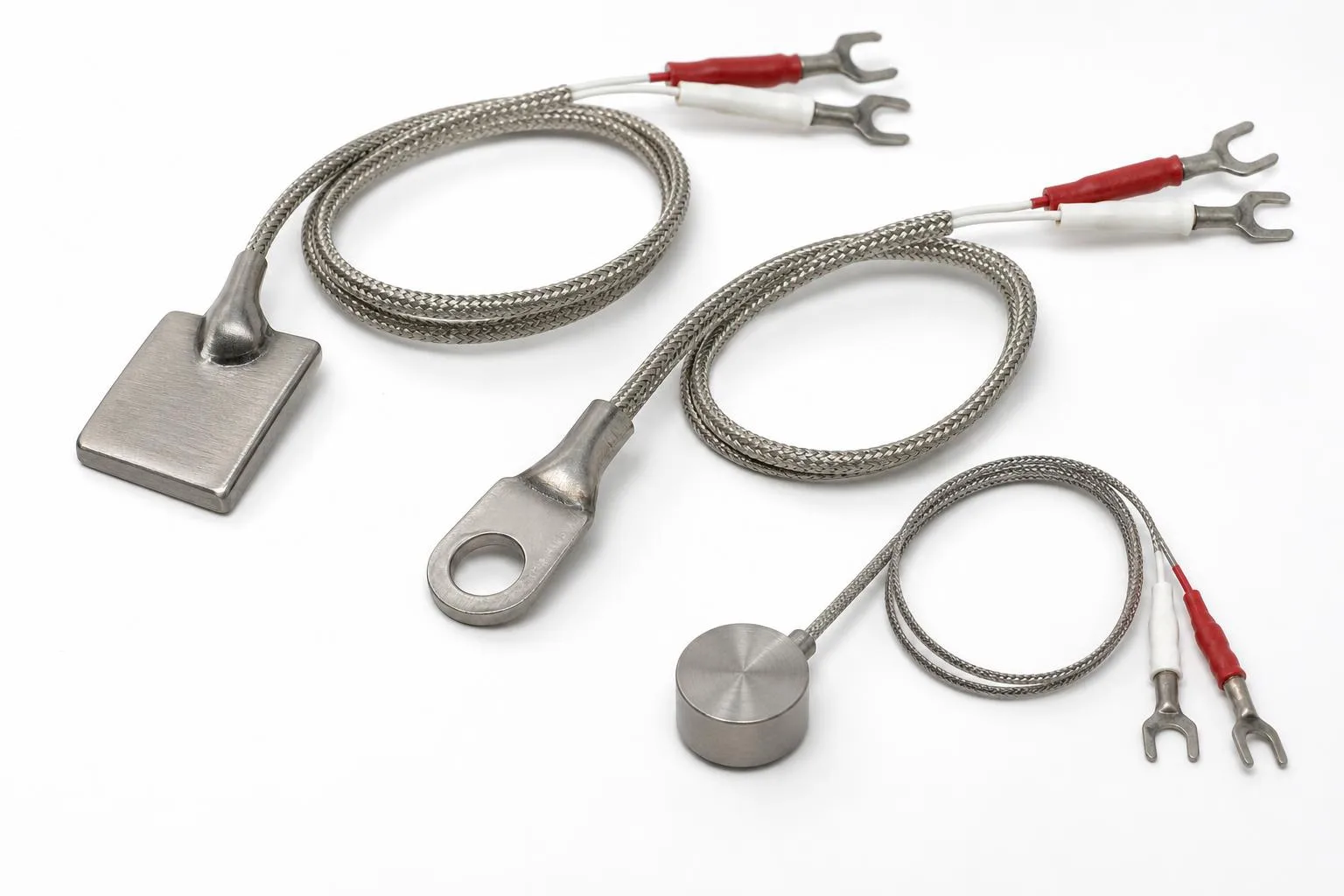 Surface-mount thermocouple sensor set with weld pad, ring lug, magnetic style, and stainless overbraid leads