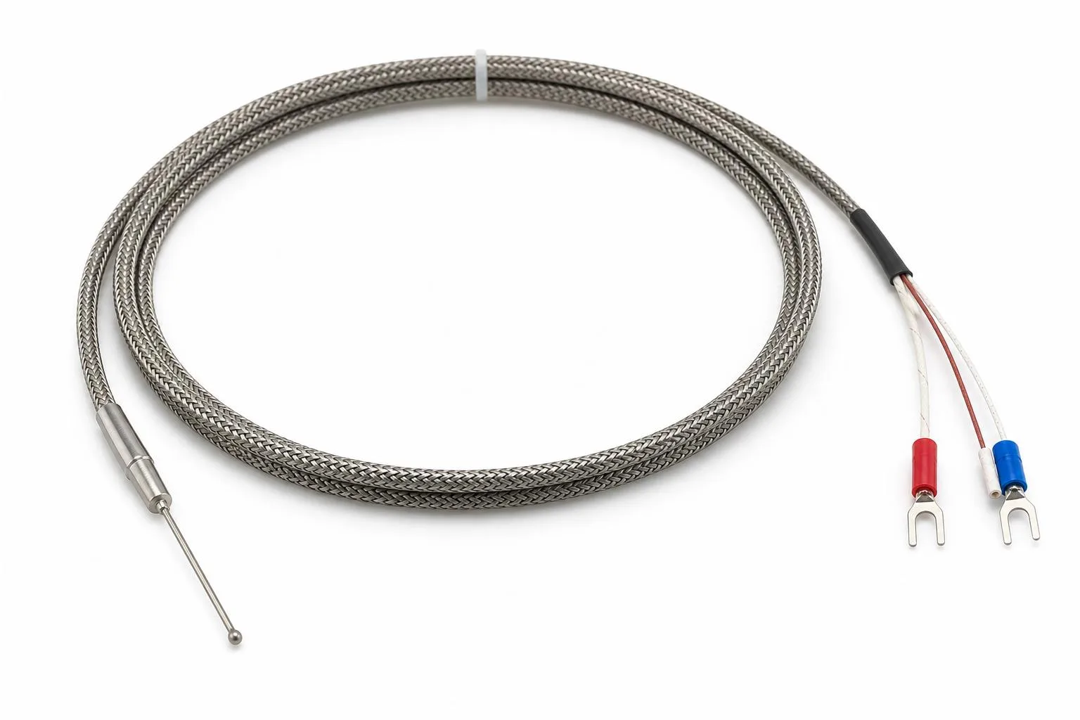 Thermocouple wire and cable sensor with stainless overbraid, welded sensing tip, transition sleeve, and color-coded lead ends