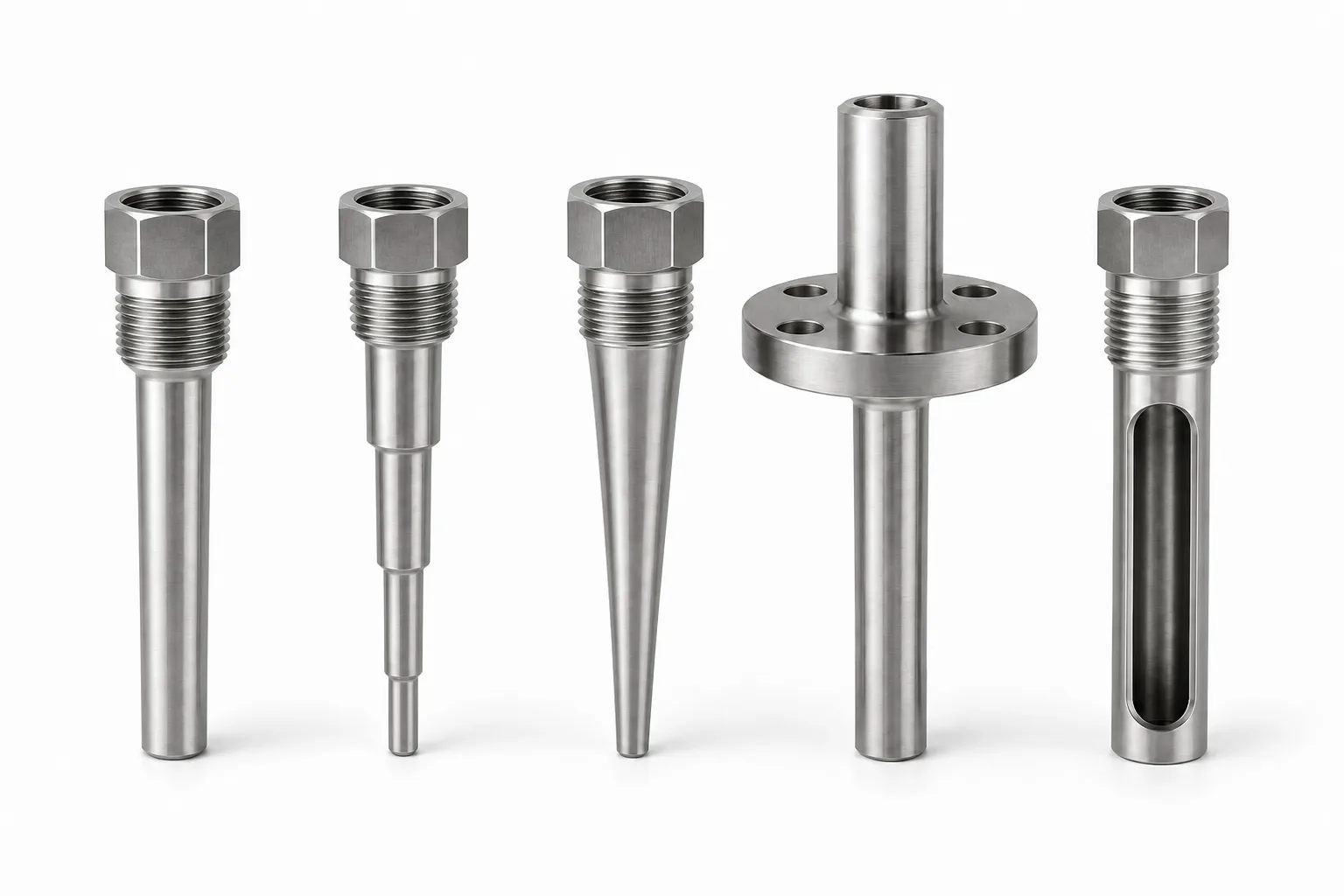 Thermowell product family with threaded, stepped, tapered, flanged, and protection tube styles